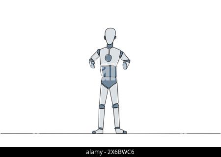 Intelligenter Roboter mit durchgehender Linienzeichnung, der gerade steht. Überleben Sie Inflation und Pandemien. Der Blick auf die Zukunft des Unternehmens ist voller Hoffnungen Stock Vektor