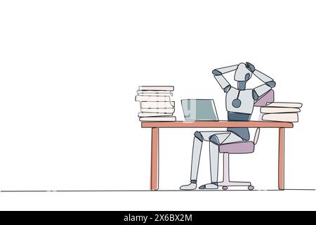 Intelligenter Roboter mit durchgehender einzeiliger Zeichnung, der auf Bürostuhl sitzt. Neugierig auf den Aktienkurs auf einem Notebook-Bildschirm, der nicht steigt. Stressiger Roboter. Stock Vektor