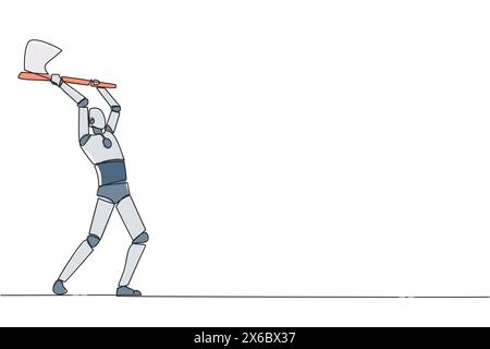 Intelligenter Roboter mit durchgehender Linienzeichnung, der eine Axt schwingt. Style wie ein Holzfäller. Stark. Muskulär. Leistungsstark. Sport für die körperliche Gesundheit. Bewusstsein Stock Vektor