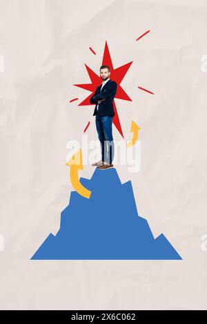 Kreative Trendcollage des erfolgreichen Geschäftsmannes Top-Bergunternehmer Opportunity Plakatcomics Zine Stockfoto