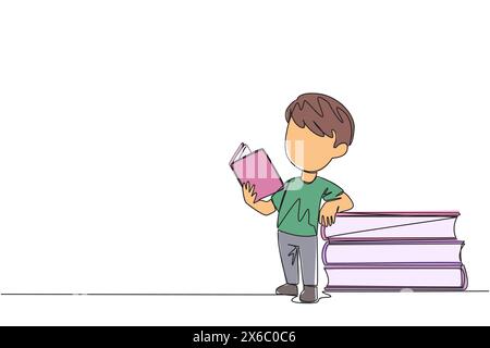 Ein durchgehender, einzeiliger Zeichenjunge, der ein Buch liest, während er sich gegen einen Stapel großer Bücher lehnt. Hobby des Lesens überall. Sehr glücklich, wenn man fertig ist Stock Vektor