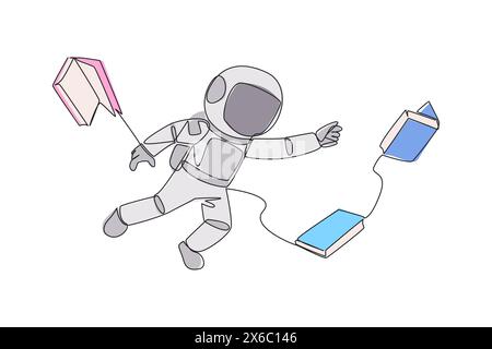 Astronauten, die im Weltraum schweben, versuchen, Bücher aufzunehmen. Keine Schwerkraft lässt sie schweben. Grundkenntnisse im Bereich Raumfahrt. Space Book fest Stock Vektor