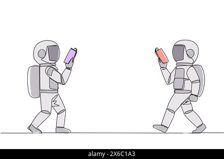 Eine durchgehende Linie, die zwei Astronauten zieht, die von Angesicht zu Angesicht Bücher lesen. Geste, etwas aus einem Buch auswendig zu lernen. Sucht nach Lesen. Bo Stock Vektor