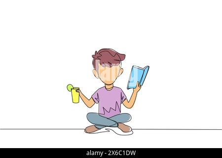 Durchgehender einzeiliger Zeichnungsjunge, der im Kreuzbein sitzt und Buch liest. Begleitet von einem Glas Orangensaft, um das Lesen interessanter zu machen. Wissen. F Stock Vektor