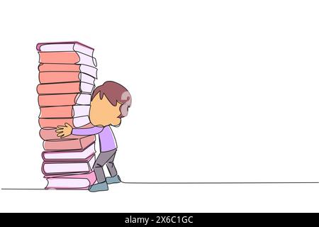 Durchgehender einzeiliger Zeichenjunge, der einen sehr hohen Stapel Bücher umarmt. Hobby beim Sammeln und Lesen von Büchern. Die freie Zeit mit nützlichen Dingen füllen. Liebevoll Stock Vektor