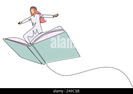 Eine einzige Linie, die einen arabischen Mann auf einem großen, fliegenden offenen Buch zeichnet. Wie auf einer Wolke, die so hoch wie möglich fliegen kann. Lesen Sie mehr Einblicke Stock Vektor