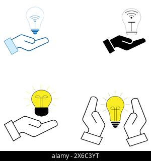 Handset mit IDEA Glühlampe. Konzept der Innovation, Lösung, neuer Plan und Elektrizität auf weißem Hintergrund Stock Vektor