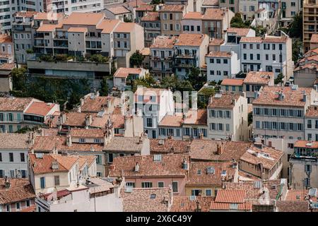 Dichtes Stadtgebiet in Marseille, Terrakotta-Dächer und Grün Stockfoto