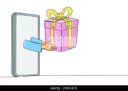 Die Hand mit einer durchgehenden Zeichnungslinie kommt aus der Mitte der Verpackung des Smartphones heraus. Sichere Verpackungen sorgen dafür, dass die Einkäufe sicher eintreffen. Online-Std Stock Vektor