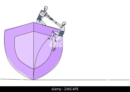 Ein intelligenter Roboter mit durchgehender, einseitiger Linienzeichnung hilft Kollegen, den großen Schild zu erklimmen. Teamwork schützt Kollegen vor bösen Robotern. Einander helfen. Stock Vektor
