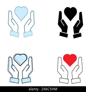Das Herz-in-Hand-Set. Symbol „Hände halten Herz“. Liebes-Symbol. Gesundheit, Medizin Symbol. Healthcare Hände halten Herz flach und Linie Stil - Stock vect Stock Vektor