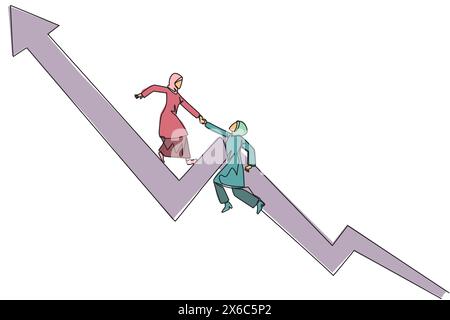 Einzelne durchgehende Linienzeichnung Arabische Geschäftsfrau hilft Kollegen, das Symbol des aufsteigenden Pfeils zu erklimmen. Helfen Sie sich gegenseitig, zufriedenstellende Ziele zu erreichen. Gr Stock Vektor