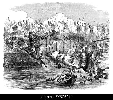 Indische Mutiny 1857. Die Verfolgung der Meuterer durch Colonel Greathed. Schwarzweiß-Illustration Stockfoto