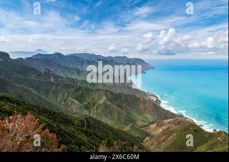 Blick vom Cabezo del Tejo auf Teneriffa, mit Panoramablick auf die Berge, üppiger Vegetation und türkisfarbenem Küstenwasser. Perfekt für Naturliebhaber und ph-wert Stockfoto