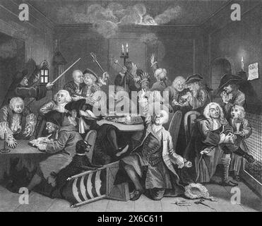 Schwarz-weiß-Illustration: Gaming House Scene. Stich nach William Hogarth (1697–1764) aus seiner Serie „The Rake's Progress“ Stockfoto