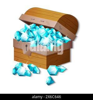 Holzkiste voller blauer Edelsteine mit offenem Deckel, Piratenschatz Vektor-Illustration Stock Vektor