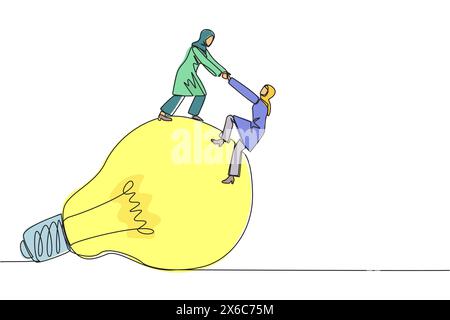 Eine durchgehende Linienzeichnung Arabische Geschäftsfrau hilft Kollegen beim Besteigen großer Glühbirnen. Metapher im Zusammenhang mit der Idee. Brainstorming, um den besten bri zu erreichen Stock Vektor