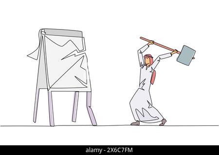 Durchgehende einzeilige Zeichnung arabischer Geschäftsmann, der sich auf das große Flipchart vorbereitet. Amoklauf. Löschen Sie Geschäftsberichte, die nicht wie gewünscht sind. Wutausdruck Stock Vektor