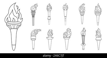 Taschenlampe mit Flammenkritzel-Symbol-Set. Das Symbol für Sieg, Erfolg oder Leistung. Line Art verschiedene brennende Fackeln isoliert auf weiß. Doodle-Stil Hand gezeichnet Vektor-Illustration Stock Vektor