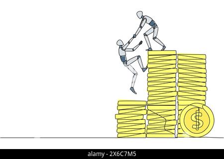 Ein Roboter zum kontinuierlichen Zeichnen einer Linie hilft Kollegen, einen Stapel Münzen zu erklimmen. Metaphern helfen, finanzielle Ziele zu erreichen, bevor sie in den Ruhestand gehen. Teamwork. Stock Vektor