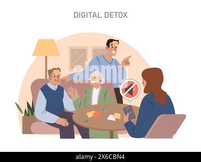 Digitales Detox-Konzept. Familie, die sich an Brettspielen beteiligt und sich in technologiefreier Freizeit engagiert. Intergenerationelles Spiel und Verbindung in Innenräumen. Stock Vektor