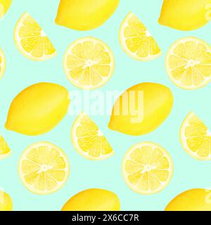 Nahtloses Aquarellmuster mit gelben Zitronenfrüchten auf blauem Hintergrund. Illustration mit ganzen Zitronen und Scheiben. Muster für Textil, Stoff Stockfoto