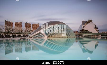 Blick auf die futuristischen Gebäude der Künste und Wissenschaften von Valencia. Sie wurden von dem berühmten spanischen Architekten Santiago Calatrava entworfen Stockfoto