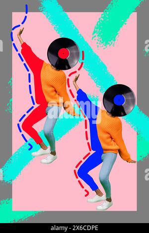 Collage 3D Pinup Pop Retro-Skizzenbild von funky People Vinyl Platte statt Kopf isoliert Malerei Hintergrund Stockfoto