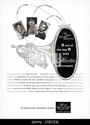 Eine Werbung für Martin Trompets aus einem Magazin von 1960 mit Aufschriften von Miles Davis, Dizzy Gillespie und Art Farmer. Stockfoto