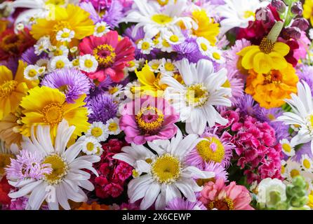 Blumenstrauß aus bunten Sommerblumen als Hintergrund, Blick von oben Stockfoto