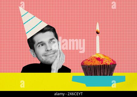 Kreative abstrakte Vorlage Collage von Happy man Look Cupcake Kerze Licht feiern Geburtstag Fantasy Reklametafeln Comics Zine minimal Stockfoto
