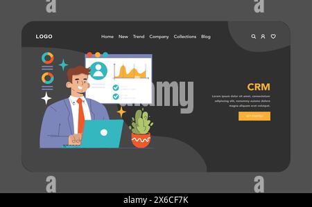 CRM-Internet im Dunkeln- oder Nachtmodus, Landung. Geschäftsmann analysiert Kundendaten. Dashboard-Einblicke, Profilverwaltung, Leistung. Maßgeschneiderte Strategie, Kundenbindung, Umsatzsteigerung. Illustration des flachen Vektors Stock Vektor
