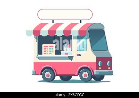 Vorlage für Street Food Truck. Vektorlinie Trade van Illustration. Hintergrund des Mobile Cafe Car Logos. Festival Shop Transport zum Kochen und Verkauf von Mahlzeiten Stock Vektor
