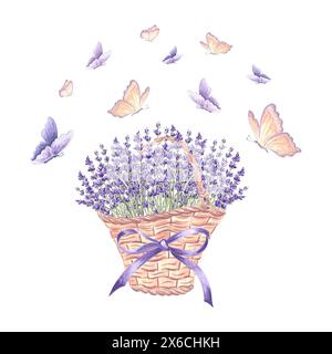 Lavendel und Schmetterlinge. Blumenstrauß in Korb mit Schleife. Handgezeichnete Aquarellillustration der Provence Frühlingsblumen, Kräuter. Isoliertes Element Stockfoto