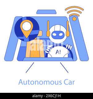 Autonomes Fahrzeugkonzept. Die Integration von KI und Robotik im Transport. Selbstnavigierende Fahrzeugtechnologie für mehr Fahrsicherheit. Vektorabbildung. Stock Vektor