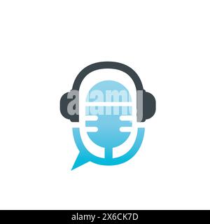 Podcast- oder Radio-Logo-Design mit Mikrofon- und Kopfhörersymbol. Stock Vektor