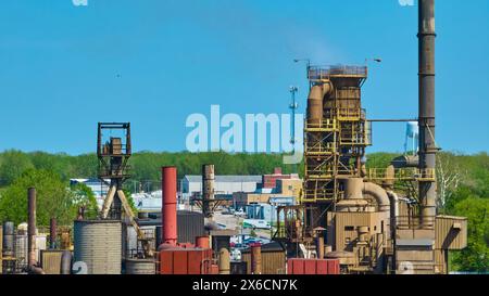 Luftaufnahme des aktiven Industriekomplexes mit Rauch in Warschau, Indiana Stockfoto