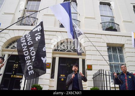 London, Großbritannien. Mai 2024. Die britischen Hongkonger und ihre Unterstützer haben vor dem Hong Kong Economic and Trade Office (HKETO) in London einen Protest gegen die angeblichen Spionage- und Repressionsaktivitäten der chinesischen Regierung veranstaltet, nachdem drei Personen wegen Spionage für Hongkong verhaftet wurden. Quelle: Vuk Valcic/Alamy Live News Stockfoto