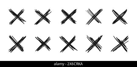 X Scribble-Markierung. Monochrome Kreuzsymbole für isolierte Vektoren. Kritzeln Sie x Formen, die für Fehler, Abbruch oder informelle Anmerkungen in Skizzen, Bezugshinweisen oder Zeichnungen verwendet werden. Schwarze Kritzelkreuze Stock Vektor