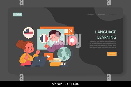 Kinder lernen Internet oder Landung. Grundschulklassen. Kinder lernen Englisch und Französisch. Fremdsprachen und Vokabular lernen. Illustration des flachen Vektors Stock Vektor