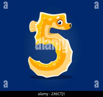 Unterwassertiere in Schriftart, Unterwassertyp des Seepferdes Nummer 5, Comic-Vektor lustiger Charakter. Meerestiere oder Meeresalphabet und Zahlenschrift mit Zeichentrickseepferd in der Zahl 5 fünf Stock Vektor