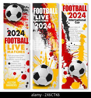 Fußball-Europameisterschaft Deutschland 2024. Dynamische Vektor-Banner für Fußballsportveranstaltungen mit Spritzwasser-Ink-Effekten in Rot, Gelb und Schwarz der deutschen Flagge und 3D-Fußballbälle im vertikalen Hintergrund Stock Vektor
