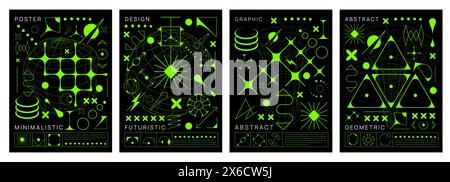 Acid brutal y2k Poster mit geometrischen Vektorformen und abstrakten grafischen Elementen. Neongrünes Linienmuster mit Stern-, Planeten- und sonnentrendigen futuristischen Figuren, Drahtgitterformen und -Formen Stock Vektor