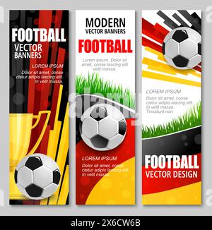Banner der Fußball-Europameisterschaft 2024. Moderne Fußballvektor-Werbekarten mit 3D-Fußball-Bälle, Gras und Trophäe. Vertikale Flyer in Rot, Schwarz, Gelb und weiß für das deutsche Europaturnier Stock Vektor