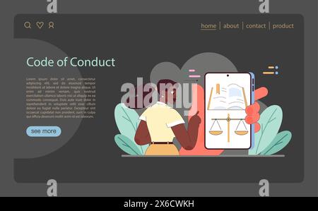 Konzept des Verhaltenskodex. Eine Person hält ein Tablet mit Maßstäben der Gerechtigkeit, das die Einhaltung ethischer Standards symbolisiert. Illustration des flachen Vektors. Stock Vektor