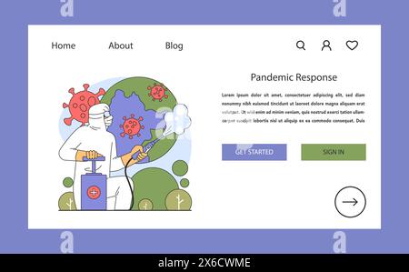 Pandemiereaktionskonzept. Engagierte Gesundheitsfachkräfte, die den Globus desinfizieren, symbolisieren globale Bemühungen zur Bekämpfung von Infektionskrankheiten. Vigilanz und Schutz im Gesundheitswesen. Illustration des flachen Vektors. Stock Vektor