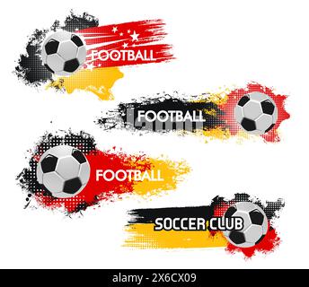 Deutschland 2024 Fußball-Cup Grunge-Banner für Sportverein-Aktionen. Dynamische Vektor-Fußballbälle mit leuchtenden Halbtonspritzern oder Bewegungsbahnen in Rot, Gelb und Schwarz der deutschen Mannschaft Stock Vektor