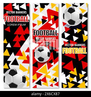 Banner der Fußball-Europameisterschaft 2024 in Deutschland. Vektor lebendige vertikale Fußballkarten mit realistischen 3D-Fußballbälle, kräftigen roten, schwarzen, gelben und weißen geometrischen Dreiecken. Dynamische Sportklub- oder Spiellayouts Stock Vektor