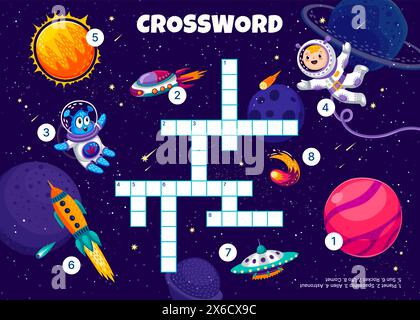 Kreuzworträtsel-Quiz-Spielraster, Galaxie-Raum-Vektor-Arbeitsblatt mit Kinderpuzzle oder Wortlabyrinth. Cartoon-Astronauten und außerirdische Charaktere im Weltraum mit Rakete, UFO, Raumschiff und Komet, Sonnenstern und Planeten Stock Vektor