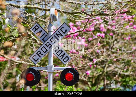 Eisenbahnübergangsschild Inmitten Der Frühlingsblüten, Blick Auf Augenhöhe Stockfoto